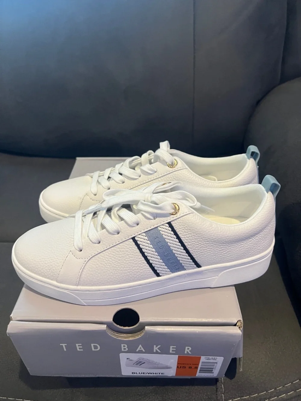 Ted Baker White Sneakers with Navy and Light Blue Stripes - Picture 2 of 4